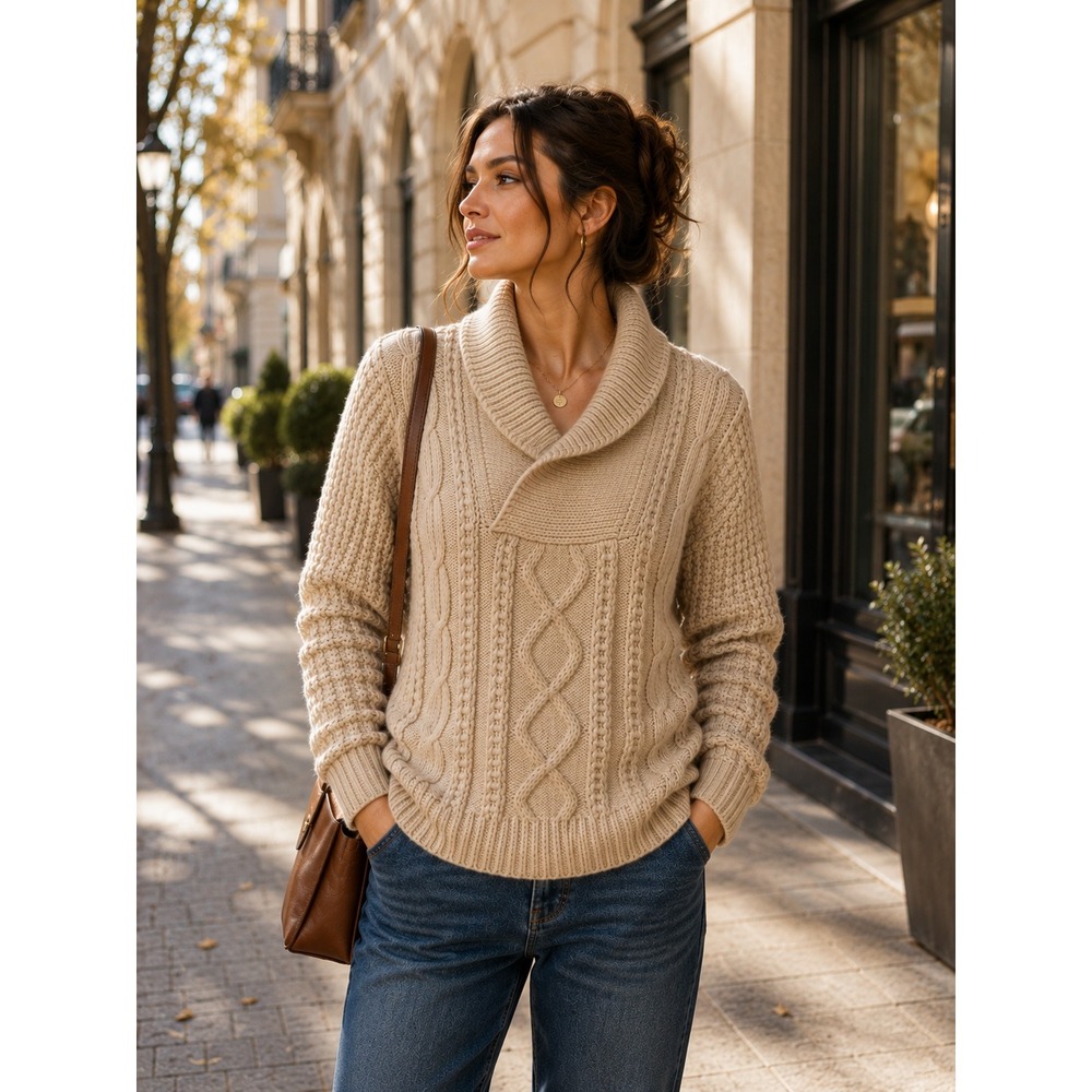Erinisle Aran Wool Cable Knit Fisherman Sweater Women's Tan Shawl Collar L